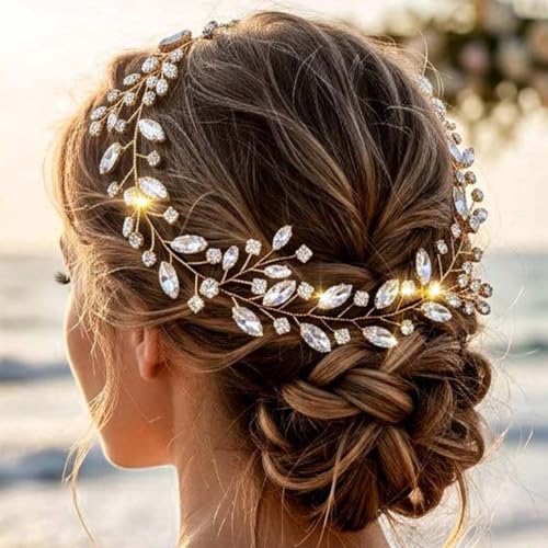 Gold Rhinestone Wedding Hair Vine Bridal Hair Accessories Crystal Hairpieces for Women(Gold) - color: gold