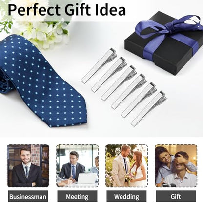 MOWPOG 6 Pcs Tie Clips for Men, Tie Bar Pins Tacks with Gift Box | Copper, Shiny & Glossy, for Father, Husband, Boyfriend, Business, Wedding, Suit Accessories, Easy to Open, Won't Fade/Scratch - color: Silver