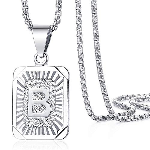 Trendsmax Initial Letter Pendant Necklace Mens Womens Capital Letter White Gold Plated A Z Stainless Steel Box Chain 22inch - style: B