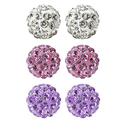 JewelrieShop Rhinestones Crystal Ball Stud Earrings Set Fireball Disco Ball Pave Bead Earrings Hypoallergenic for Women - color: Set O. 8mm x 3 Pairs (White, Lt. Pink, Tanzanite)