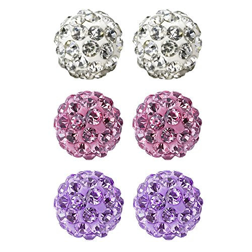 JewelrieShop Rhinestones Crystal Ball Stud Earrings Set Fireball Disco Ball Pave Bead Earrings Hypoallergenic for Women - color: Set O. 8mm x 3 Pairs (White, Lt. Pink, Tanzanite)