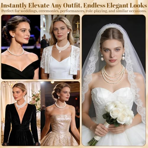 16 Pcs Pearl Jewelry Set with Necklace, Earrings and Bracelets, Pearl Necklaces for Women, Faux Pearls Set Jewelry for Wedding Bridal Christmas Party
