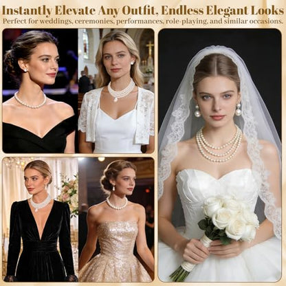 16 Pcs Pearl Jewelry Set with Necklace, Earrings and Bracelets, Pearl Necklaces for Women, Faux Pearls Set Jewelry for Wedding Bridal Christmas Party