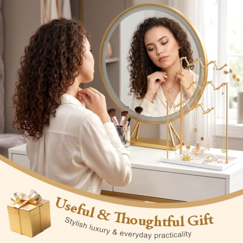 Gold 3-Tier Necklace Holder Organizer Necklace Display Stand with 36 Hooks | Adjustable Jewelry Organizer with Metal Tray, Tall Necklace Tree Rack for for Dresser Small Space, Gift for Women Girl