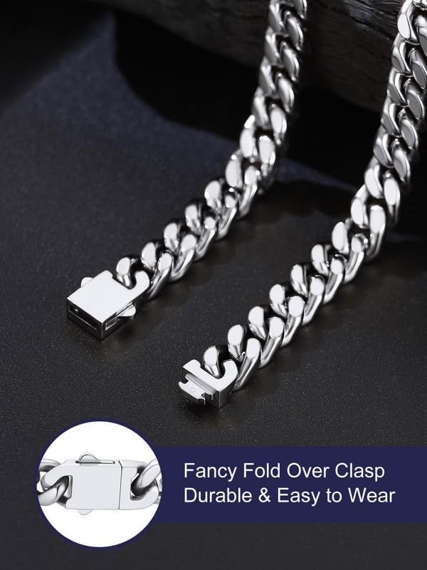 Bandmax Men's Premium Solid Stainless Steel Miami Cuban Link Chain Necklace | Waterproof Tarnish Resistant Chain, Silver Finish/Gold/Black Plated, Easy-open Clasp, 5/7/9/12MM, 18-30 Inches, With Gift Box - color: 07 9MM-Silver Tone, size: 22 Inch (56cm, P