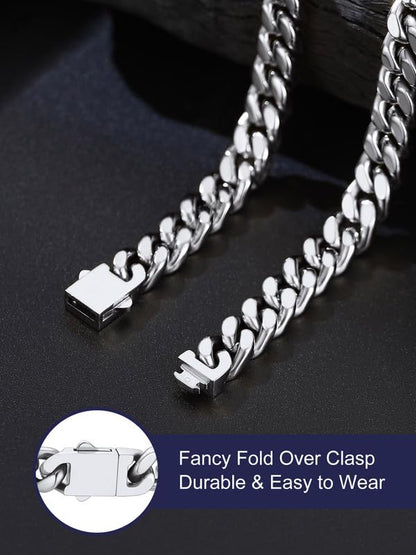 Bandmax Men's Premium Solid Stainless Steel Miami Cuban Link Chain Necklace | Waterproof Tarnish Resistant Chain, Silver Finish/Gold/Black Plated, Easy-open Clasp, 5/7/9/12MM, 18-30 Inches, With Gift Box - color: 07 9MM-Silver Tone, size: 26 Inch (66cm)