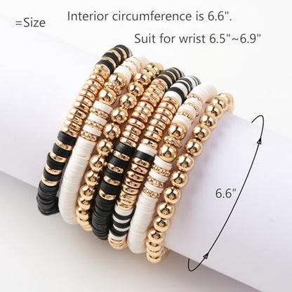 GOOJIDS Surfer Heishi Clay Bead Bracelets for Women Bohemian Stackable Gold Plated Beaded Stretch Bracelets Elastic Layering Friendship Bracelets Set Boho Jewelry - color: E-Black&White 7pcs