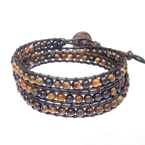 Genuine Stone Wrap Bracelets for Women Natural Crystal Beaded Wrap Bracelet 2/3/5 Adjustable Bohemian Bracelets Jewelry Gifts for Women Mom - color: tiger's eye(3 wraps)