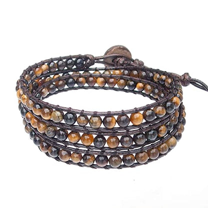 Genuine Stone Wrap Bracelets for Women Natural Crystal Beaded Wrap Bracelet 2/3/5 Adjustable Bohemian Bracelets Jewelry Gifts for Women Mom - color: tiger's eye(3 wraps)
