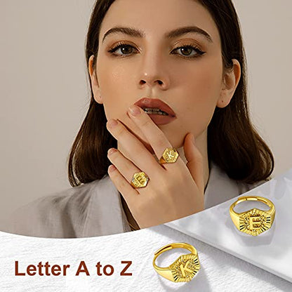 U7 Initial Ring Wedding Band for Men Women 18K Gold Plated Statement Hexagon A-Z Letter Jewelry Personalized Stackable Signet Rings - color: E
