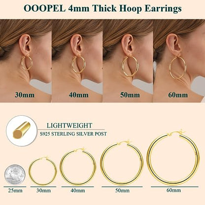 4mm Thick Gold Chunky Earrings Steling Silver Post Hoops Earrings For Women Hollow Tube Hoops Earrings Thick Gold Hoop Earrings Hypoallergenic Lightweight Gold Hoop Large Earrings 20/30/40/50/60MM - color: Gold,40mm