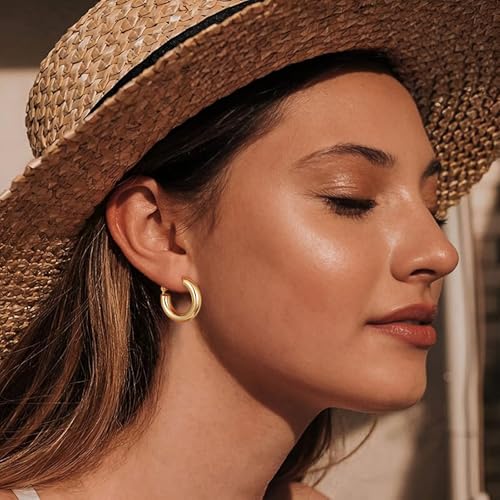 sovesi Chunky Hoop Earrings for Women, 14K Gold Plated Thick Hoops | 5mm Thick Hollow Tube Chunky Lightweight Hypoallergenic Hoop Earrings for Women - style: Gold 22MM