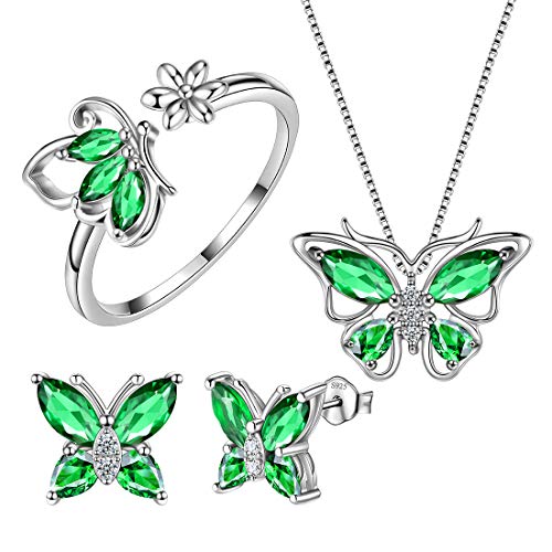 Aurora Tears Butterfly Jewelry,Women 925 Sterling Silver Butterflies Birthstone Pendant Necklace/Earrings/Rings Wedding Gift - color: E.May-set 2