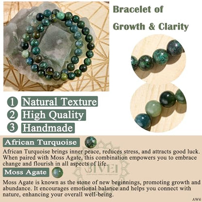 Bivei Natural Crystals Gemstone Healing Stretchy Round Beaded Bracelet | 8MM Semi Precious Beads Bracelet, Handmade Spiritual Jewelry Gift for Women Men,Enhance Positive Energy - color: 8mm Moss Agate & African Turquoise (Peace & Prosperity), size: Large: