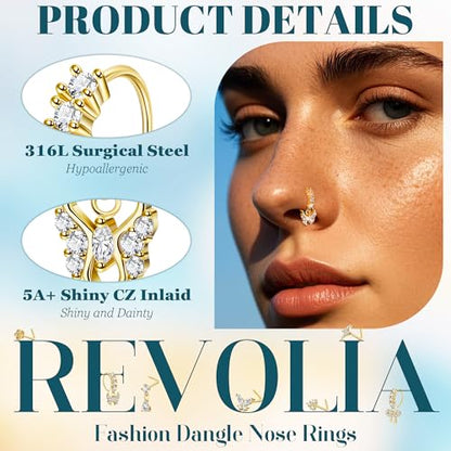 REVOLIA 20PCS 20G Dangle Nose Rings for Women Surgical Steel Dangling Nose Rings L Shaped Nose Studs Hoops CZ Flower Butterfly Heart Nose Piercing Jewelry - color: Gold