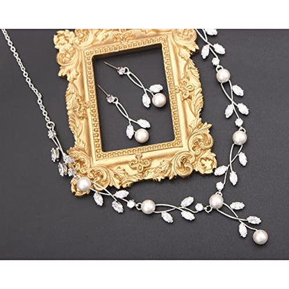Luxury Cubic Zirconia Aurtrian Crystal Pearl Floral Necklace Dangle Earrings Wedding Bridal Jewelry Set Birthday Gifts for Her - color: Clear-Silver Plated