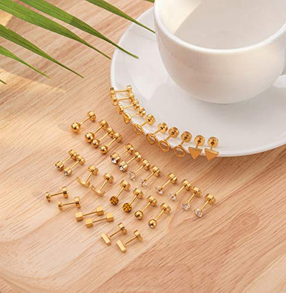 18Pairs 20G 18G Stainless Steel Tiny Stud Earrings for Women Cartilage Helix Earrings Ball Star CZ Earrings - color: Gold, size: 18G