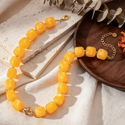 Beaded Necklaces for Women Boho Chunky Necklace Statement Big Resin Bead Choker Fashion Summer Beach Jewelry - color: Yellow