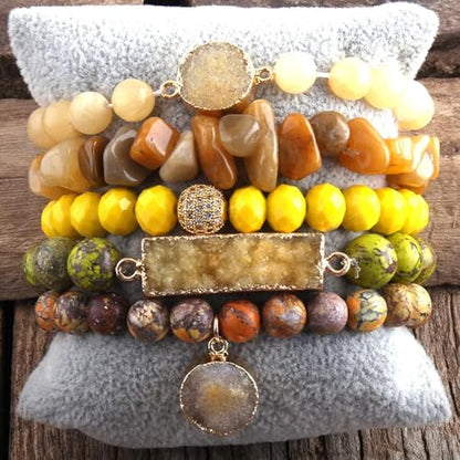 Yomisa 5PCS 6PCS Natural Boho Beaded Bracelets/Bangle for Women Men,Healing Turquoise Jasper Agate Crystal Gemstone Stone Chakra Multilayer Wrap Bohemian Handmade Jewelry Beads Stretch Bracelet Set - color: 5PCS-Yellow