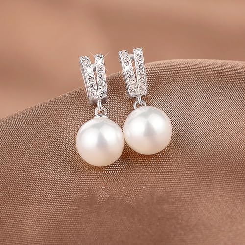 Delicate Imitation Pearl Dangle Earrings with Sparkling CZ for Women - color: Silver Color