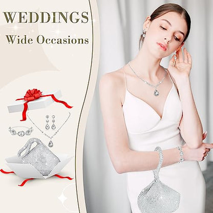 4 Pcs Silver Clutch Purse Jewelry Set for Women Rave Accessories Evening Rhinestone Purse Silver for Bride Wedding - style: Bling Style