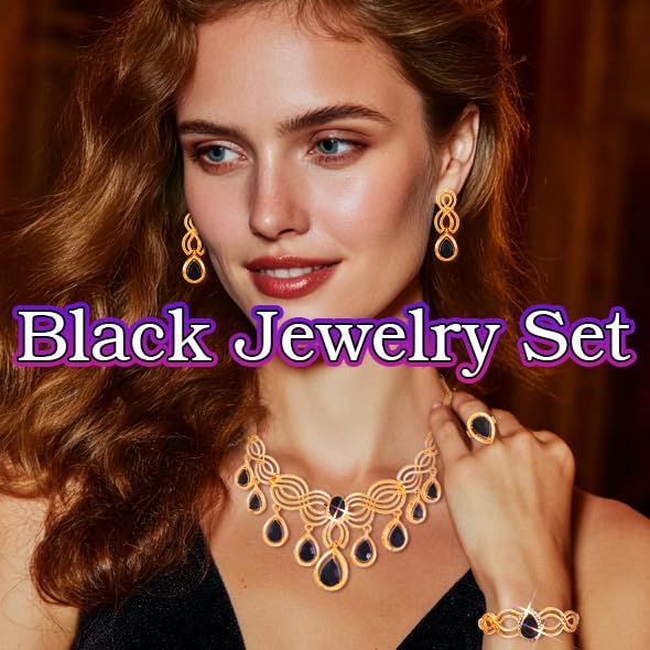 JEAIRTS Black Crystal Necklace Set 4Pcs Statement Jewelry Sets for Women | Black and Gold Formal Necklace Earrings Ring Bracelet Sets