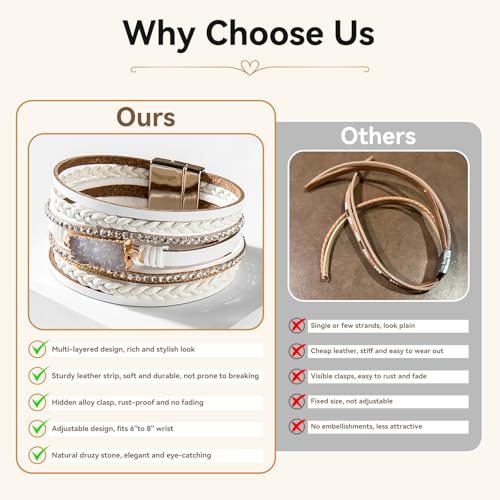 Vercret Leather Wrap Bracelet for Women, Multi-Layer Cuff Bangle | Boho Stacked Bracelets with Safe Clasp Western Bangle Jewelry Gift for Lady and Mom Sister Friend - style: Druzy White