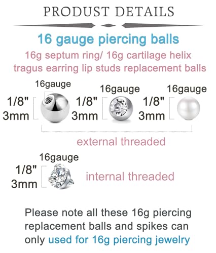 QWALIT 16gauge 14gauge Stainless Steel Replacement Balls for Lip Studs Labret Earrings Piercing Jewelry Septum Rings Externally Threaded Plastic Balls 3mm - 8mm - color: Set B4-16g -mix threaded balls pearls 3mm