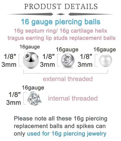 QWALIT 16gauge 14gauge Stainless Steel Replacement Balls for Lip Studs Labret Earrings Piercing Jewelry Septum Rings Externally Threaded Plastic Balls 3mm - 8mm - color: Set B4-16g -mix threaded balls pearls 3mm