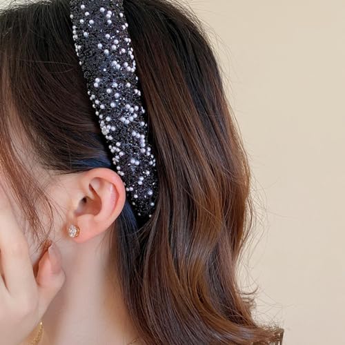 Glitter Crystal Headband for Women Sparkly Bling Diamond Headband Wide Hairband Sparkle Beaded Crystal Headband Thick Padded Headband for Party Non Slip Glitter Hair Hoop (Black, L) - color: Black