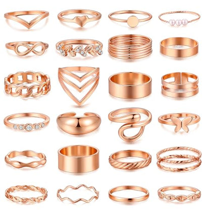 iF YOU 25 Pcs Gold Stackable Ring Set for Women, Chunky Knuckle Finger Midi Rings, Silver Simple Stacking Cute Rings Pack Trendy Stuff Jewelry Gift - style: 25 Rose gold chunky rings
