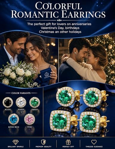 2 Pairs S925 Sterling Silver Stud Earrings for Women Halo Cubic Zirconia | 14K Gold Plated Hypoallergenic Non Tarnish Round Square Silver Stud Earring for Women Men Dainty Trendy Jewelry - style: Gold-Green Stone