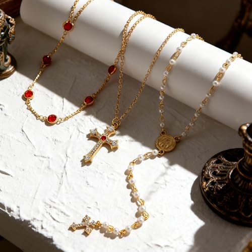 Layered Necklace for Women, Cross Pendant Y Necklace Set, 18K Gold Plated Dainty Stackable Jewelry Gift for Everyday Wear - style: 3PCS - A
