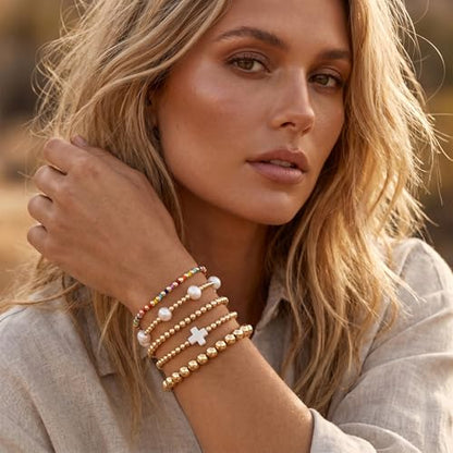 Gold Beaded Bracelets Stack for Women Stackable 14K Gold Plated Beads Ball Cross Bracelet Boho Christian Jewelry Faith Friendship Birthday Gifts for Women - color: White-2