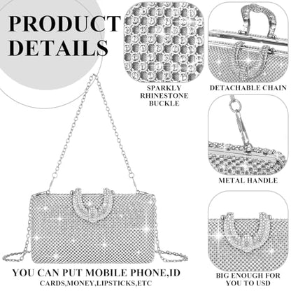 Quelay 4 Pcs Purse Rhinestone Jewelry Set Women | Wedding Bridal Prom Jewelry Sparkly Clutch Handbag with Necklace Bracelet Dangle Earrings Shiny Costume Kit - color: Silver, style: Elegant