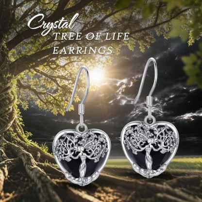 AEONSLOVE Tree of Life Crystal Earrings with Sterling Silver Ear Hooks, Dangle Drop Tree Earrings Gifts for Women - style: A01-Obsidian-Heart