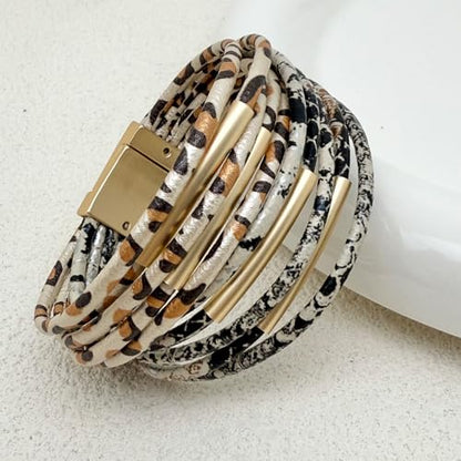 Bracelets for Women Leather Bracelet Multi-Layer Rope Wrap Bangle 14k Gold Plated Cirle Hollow Tube Boho Cuff Bangle Bracelets for Women Gift - style: Animal Print Bracelet