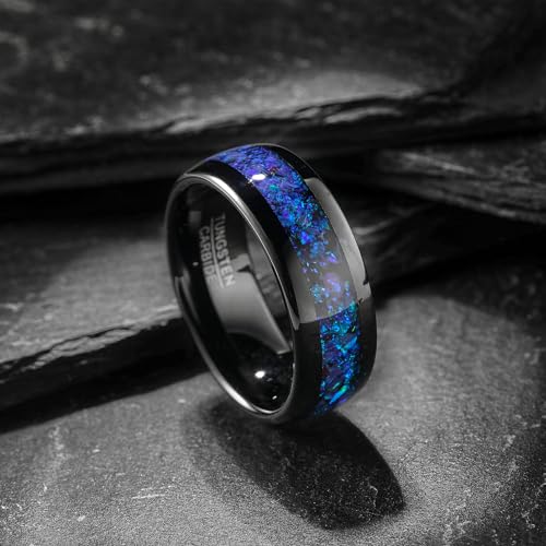 NUNCAD Black Tungsten Ring, Men's Wedding Rings with Blue/Amethyst/Galaxy Opal Ring 4mm 8mm Engagement Promise Ring Comfort Fit Size 5-12 - color: Blue Opal & 8mm