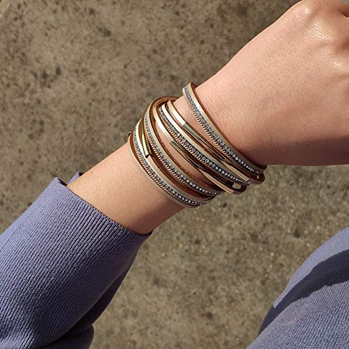 Artilady Leather Wrap Bracelet for Women, Pearl Beaded Bangle Stack Jewelry | Easy on-off, Elegant Handmade Multi-Layered, Daily Casual Date Beach Vacation, Gift for Ladies, Mother, Sister & Friend - style: Light Brown with Gold bar