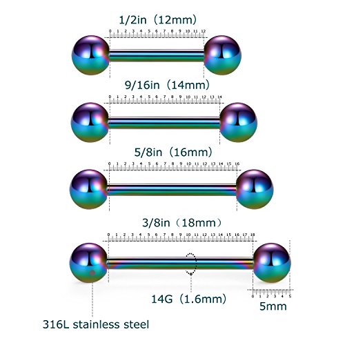 VCMART Nipple Rings Tongue Rings Stainless Steel 14G Straight Barbells Piercing Jewelry 12mm,14mm,16mm,18mm - color: 5 -rainbow