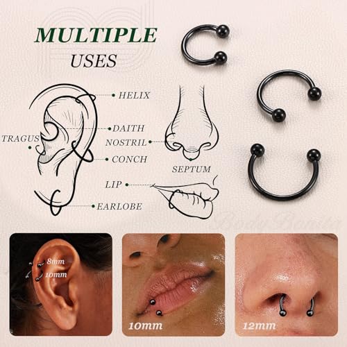 G23 Titanium 14/16/18/20G Septum Rings Horseshoe Nose Ring Jewelry | 2/3Pcs Circular Barbell Spike Lip Body Piercing Jewelry Conch Helix Tragus Earring Silver/Black 8/10/12mm 14K Gold Plated - color: Black-3pcs, size: Balls-3pcs-16g-8/10/12mm