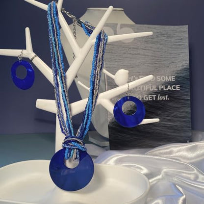 Coiris Multi Strand Statement Colorful Beaded Necklace with Big Circle Shell Pendant for Women - color: Royalblue