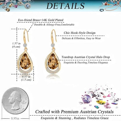 Austrian Crystal Halo Teardrop Hollow Drop Dangle Earrings for Women 14K Rose Gold Plated Hypoallergenic Jewelry Gifts - color: Light Topaz
