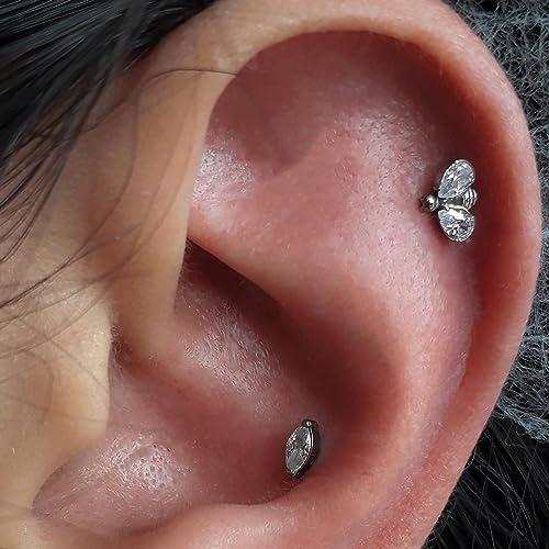 1PC Tragus Conch Helix Flat Labret Piercing Jewelry 16G 6mm 8mm - ASTM F136 Titanium Cartilage Earring Flatback Stud, Implant Grade Internally Threaded Hypoallergenic Body Jewelry (Clear CZ) - color: Clear Marquise CZ - Tit