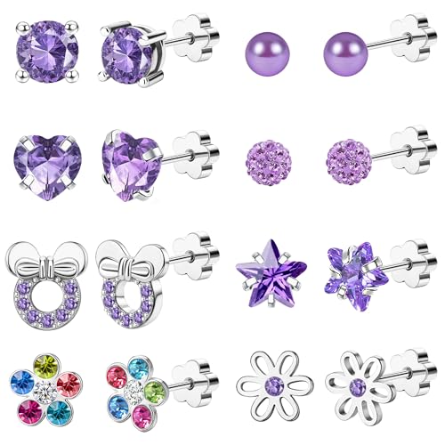 Staligue 8 & 21 Pairs Hypoallergenic Screw Back Earrings for Women – 20G Surgical Steel Flat Back Studs with Heart, CZ, Pearl, Star & Ball Designs | Tiny Cartilage Jewelry Options - color: Purple