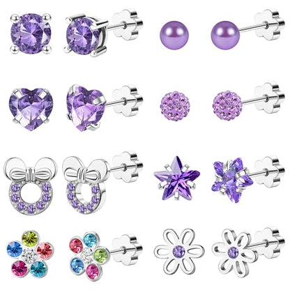 Staligue 8 & 21 Pairs Hypoallergenic Screw Back Earrings for Women – 20G Surgical Steel Flat Back Studs with Heart, CZ, Pearl, Star & Ball Designs | Tiny Cartilage Jewelry Options - color: Purple