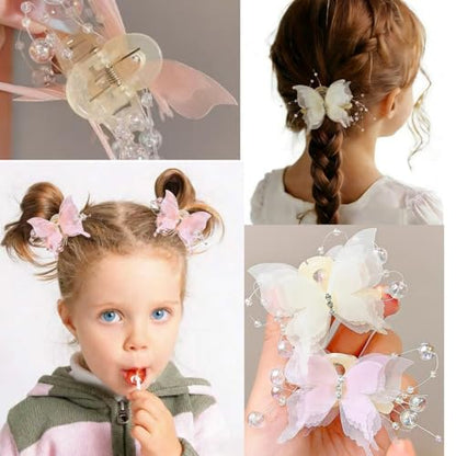4PCS Butterfly Hair Clips,2" Small Tulle Mesh Butterfly Hair Bows for Girls, Toddlers & Kids- Pearl Decorated hair claw clips，Girls Hair Accessories for Party Birthday Wedding(Pink,White)