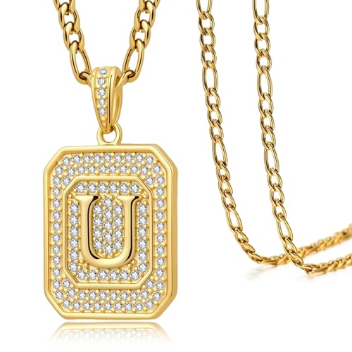 Initial Letter Pendant Necklace for Men Women, 14K/18K Gold A-Z | Square Monogram Pendant Jewelry Waterproof and colorfast with Figaro Chain, Gifts for Women Men - style: 18K Gold U