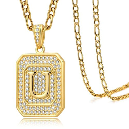 Initial Letter Pendant Necklace for Men Women, 14K/18K Gold A-Z | Square Monogram Pendant Jewelry Waterproof and colorfast with Figaro Chain, Gifts for Women Men - style: 18K Gold U