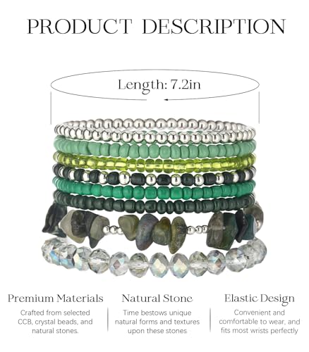 Noessla Boho Beaded Bracelets for Women Stackable Irregular Natural Stone Bead Stretch Bracelet Set 8PCS Costume Jewelry Gifts for Her - color: Green